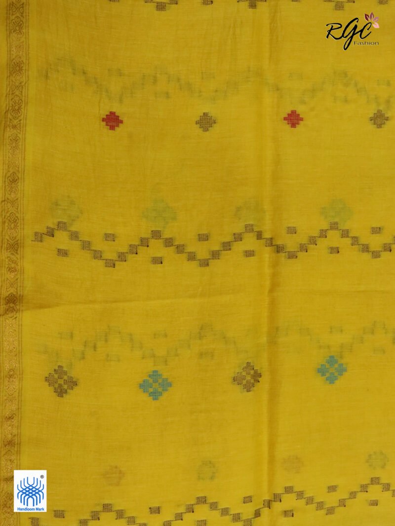 Yellow Geomatric Design Organic Linen Jamdani Saree - Image 10