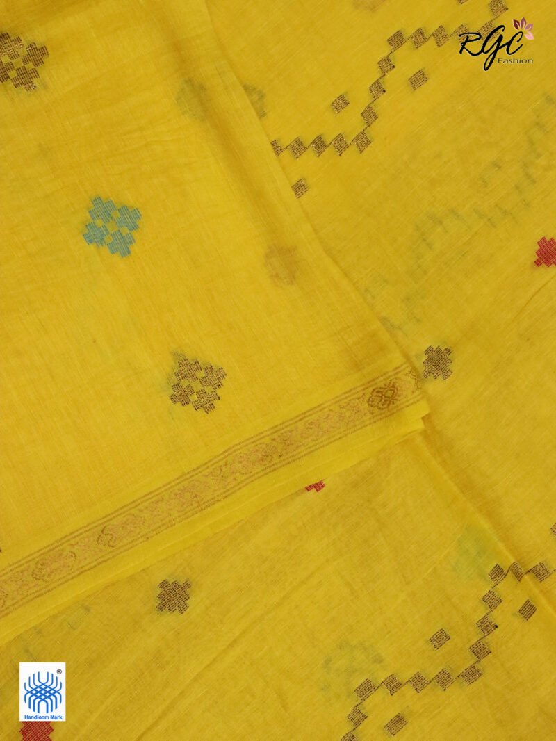 Yellow Geomatric Design Organic Linen Jamdani Saree - Image 9