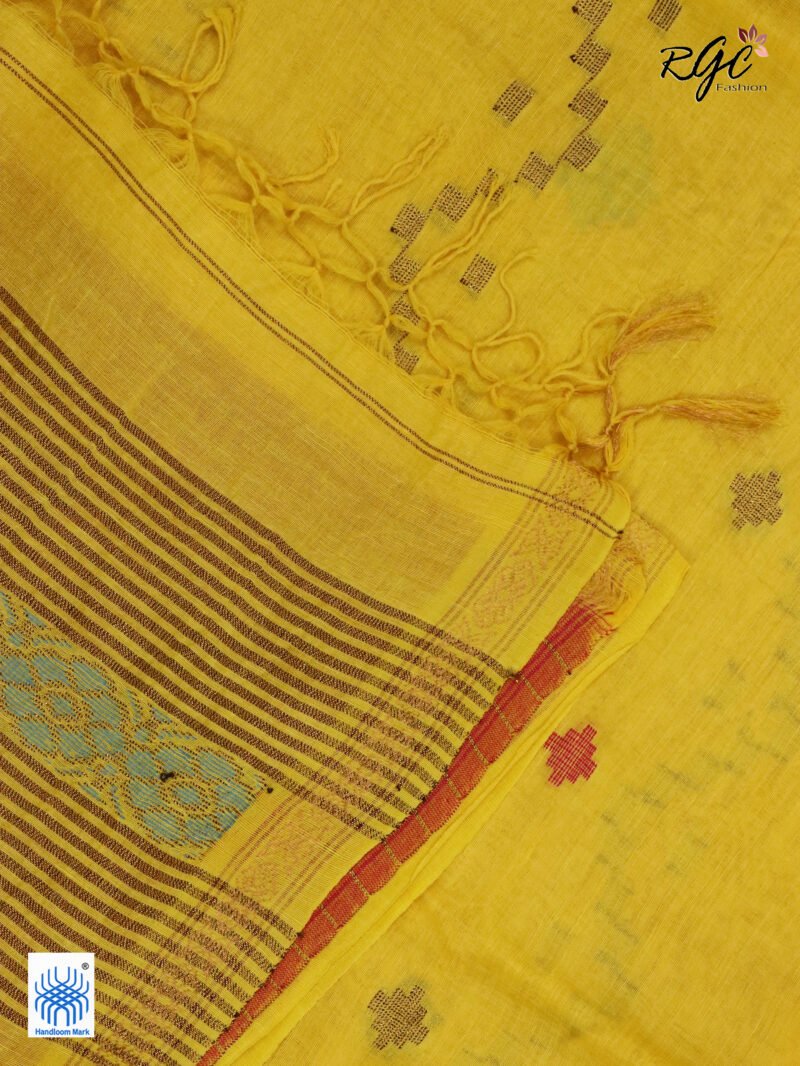 Yellow Geomatric Design Organic Linen Jamdani Saree - Image 8