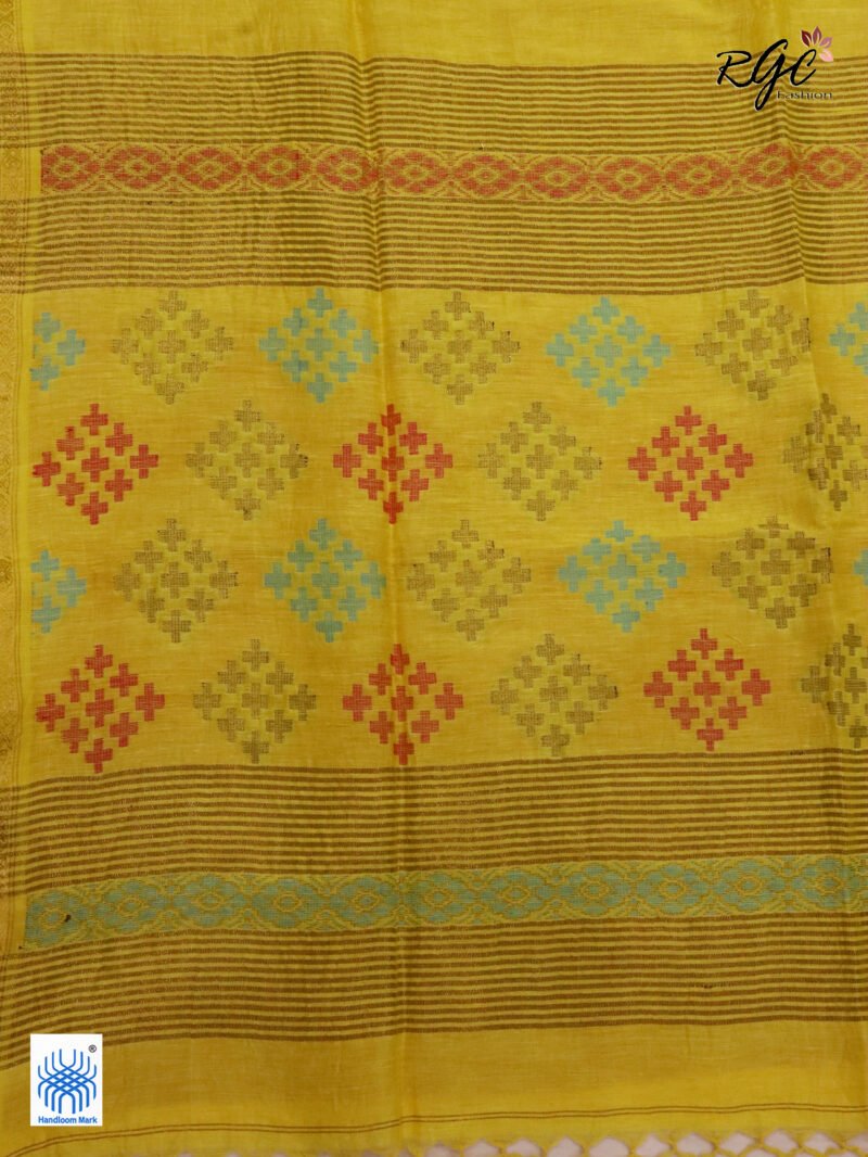 Yellow Geomatric Design Organic Linen Jamdani Saree - Image 7