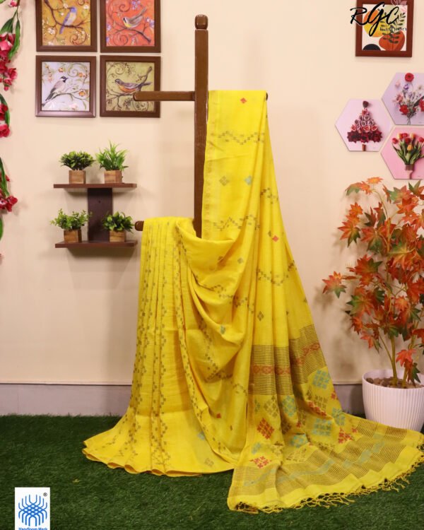 Yellow Geomatric Design Organic Linen Jamdani Saree