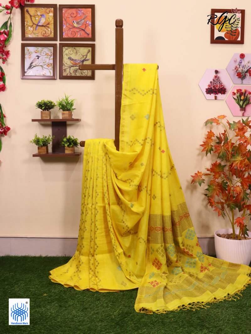 Yellow Geomatric Design Organic Linen Jamdani Saree