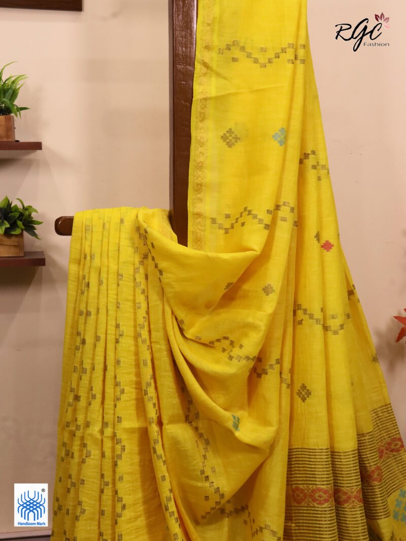 Yellow Geomatric Design Organic Linen Jamdani Saree - Image 2