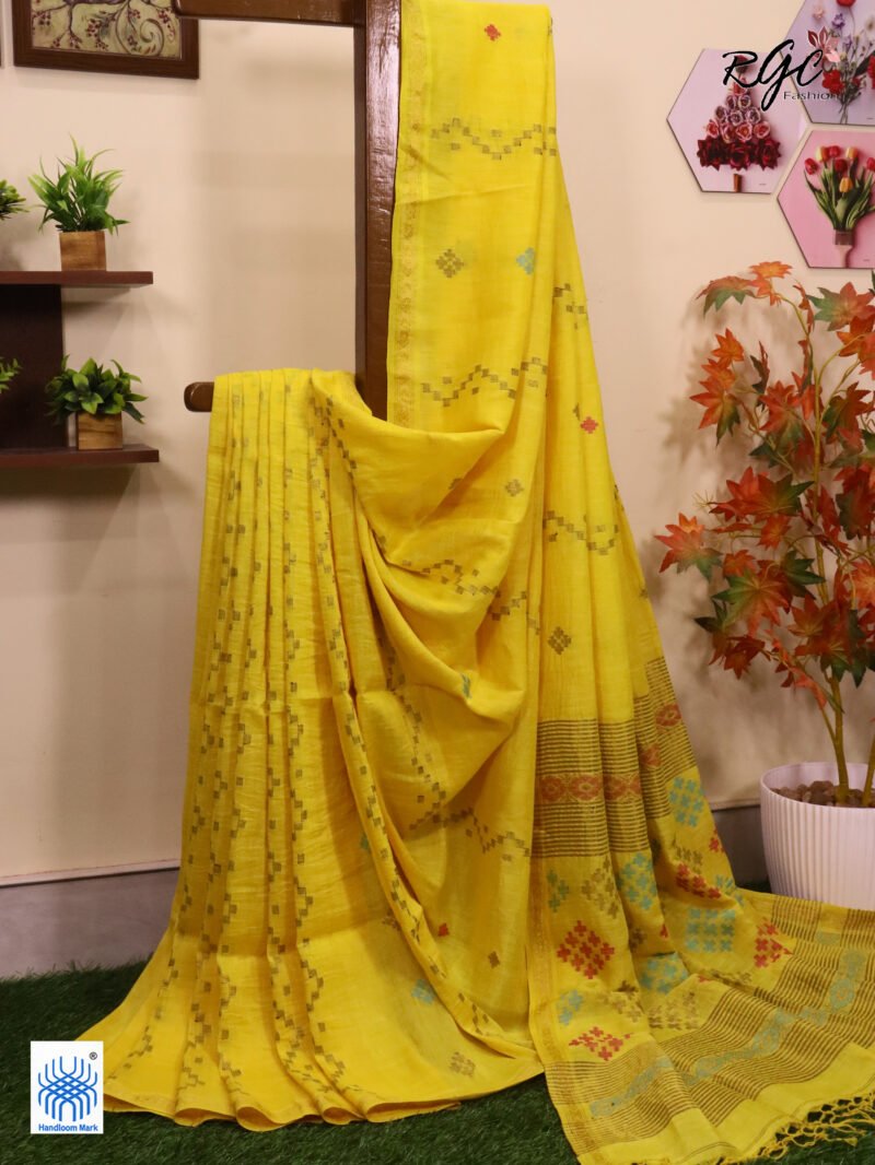 Yellow Geomatric Design Organic Linen Jamdani Saree - Image 3