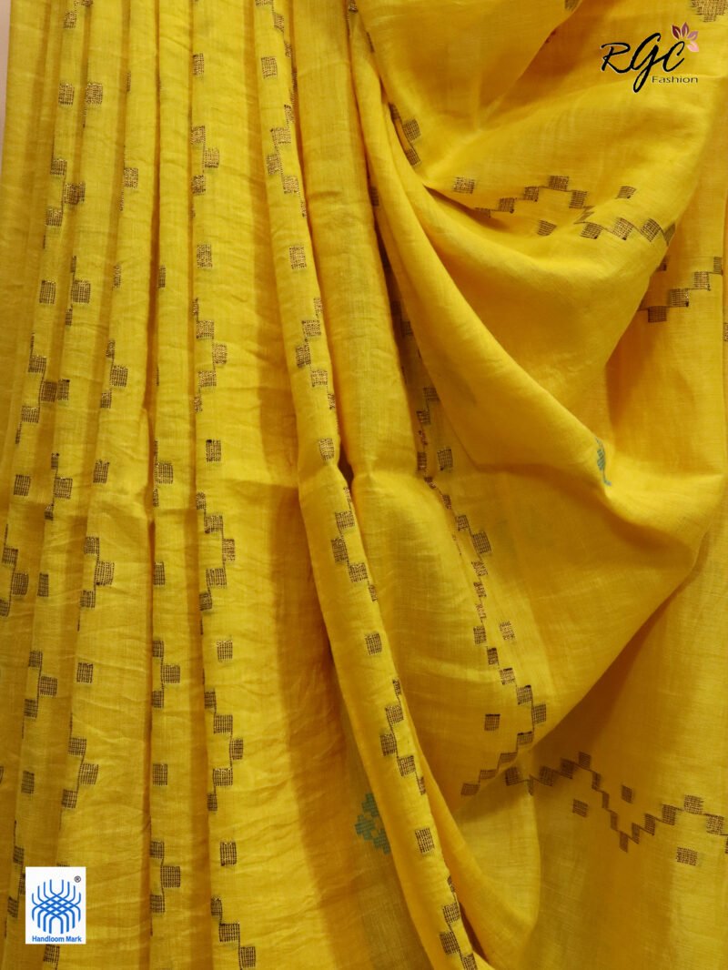 Yellow Geomatric Design Organic Linen Jamdani Saree - Image 4