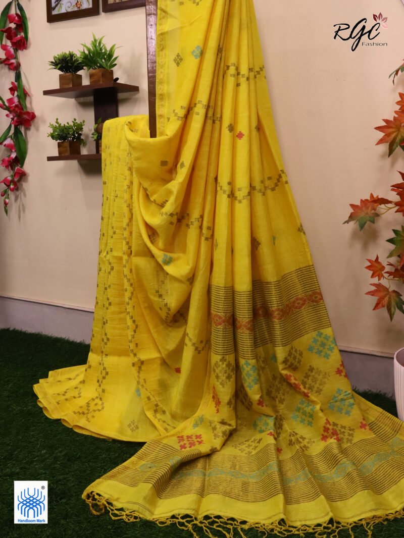 Yellow Geomatric Design Organic Linen Jamdani Saree - Image 5