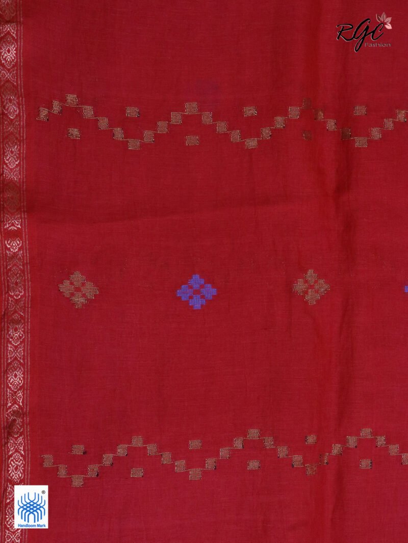 Red Geomatric Design Organic Linen Jamdani Saree - Image 10
