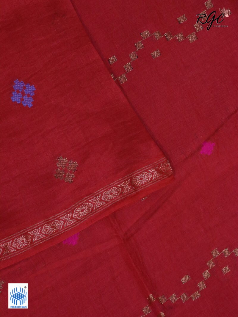Red Geomatric Design Organic Linen Jamdani Saree - Image 9