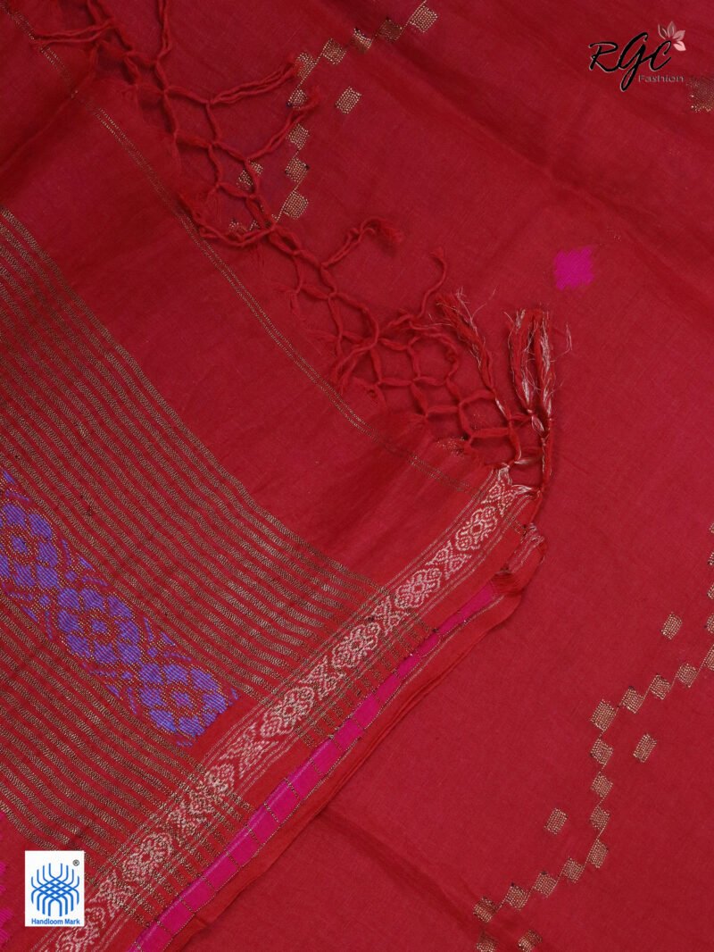 Red Geomatric Design Organic Linen Jamdani Saree - Image 8