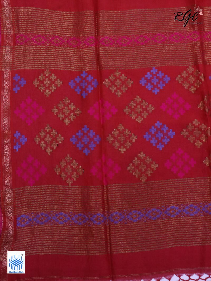 Red Geomatric Design Organic Linen Jamdani Saree - Image 7