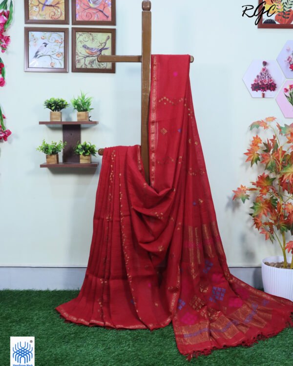 Red Geomatric Design Organic Linen Jamdani Saree