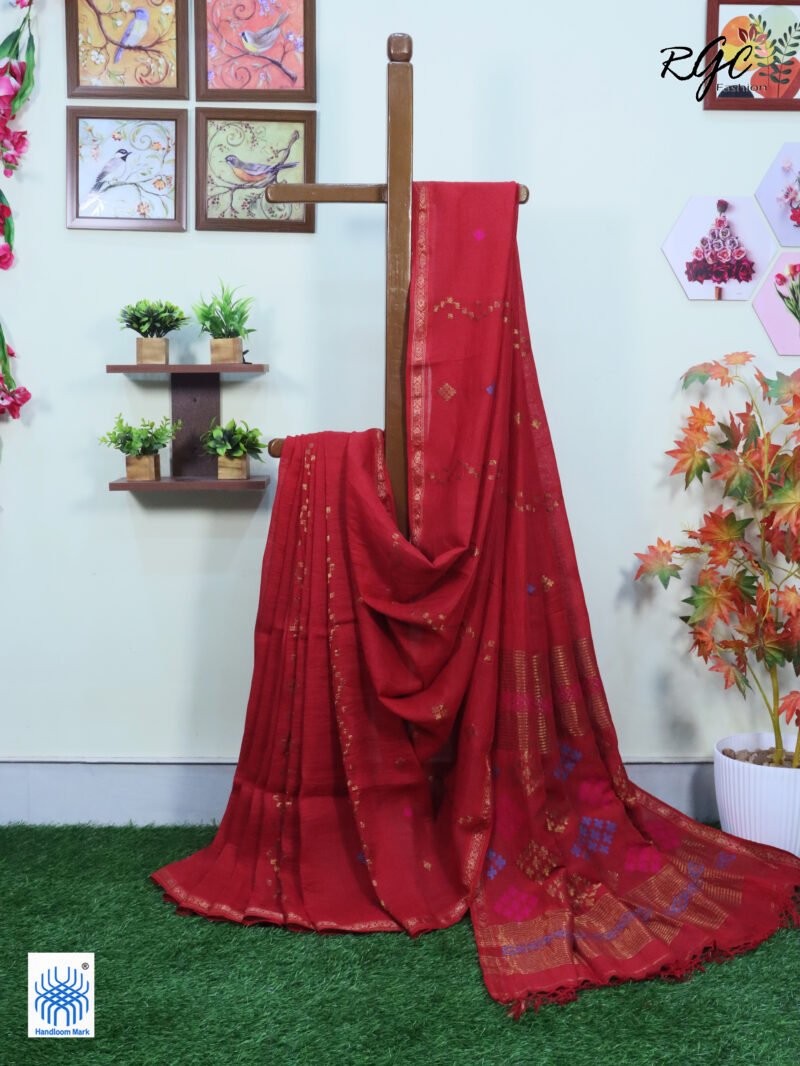 Red Geomatric Design Organic Linen Jamdani Saree