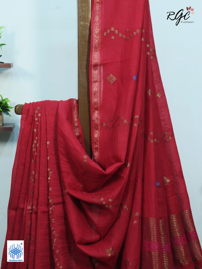 Red Geomatric Design Organic Linen Jamdani Saree - Image 2