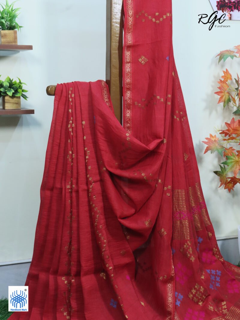 Red Geomatric Design Organic Linen Jamdani Saree - Image 3
