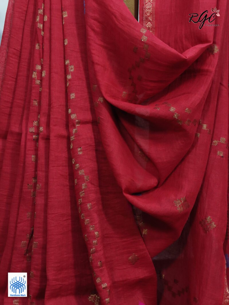 Red Geomatric Design Organic Linen Jamdani Saree - Image 4