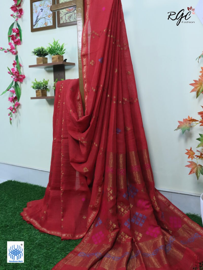 Red Geomatric Design Organic Linen Jamdani Saree - Image 5