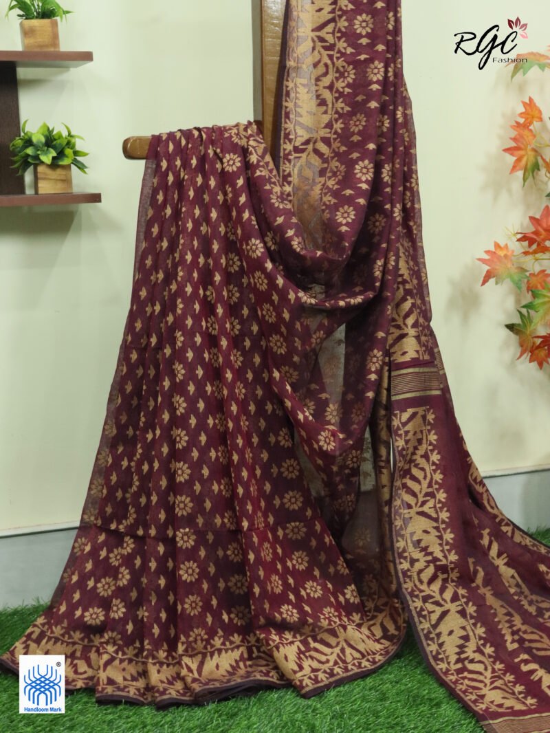 Maroon Cotton Allover Dhakai Jamdani Saree - Image 3