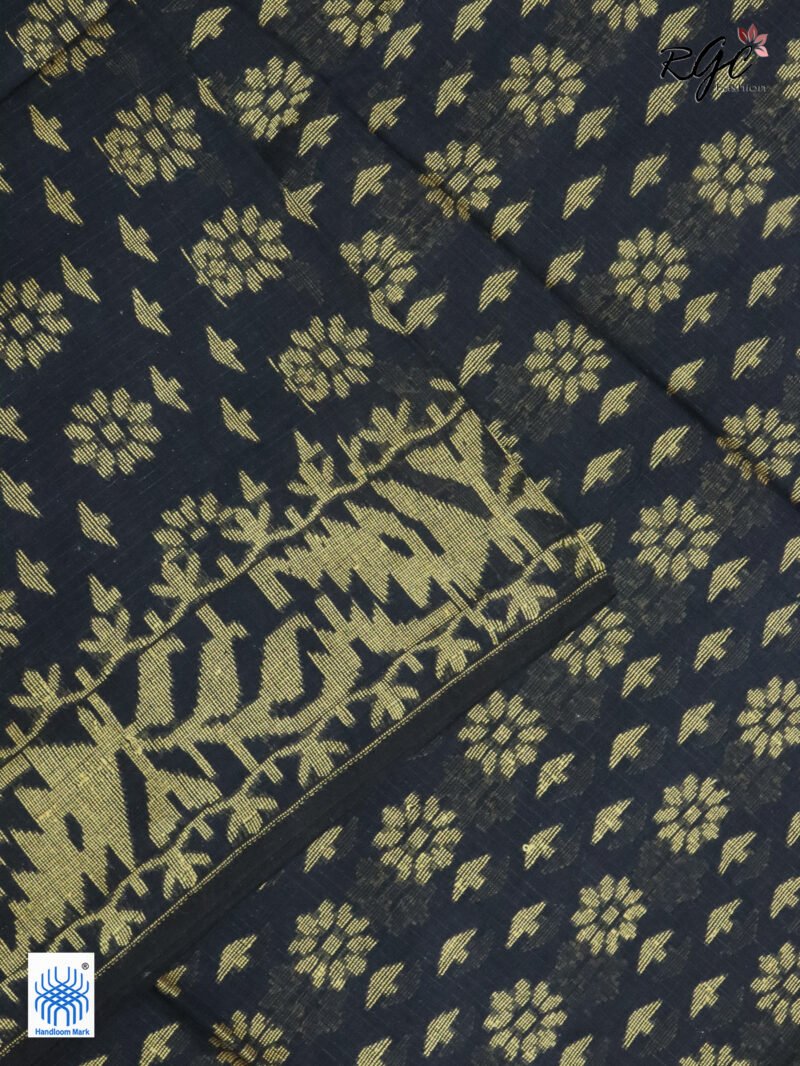 Black Cotton Allover Dhakai Jamdani Saree - Image 8