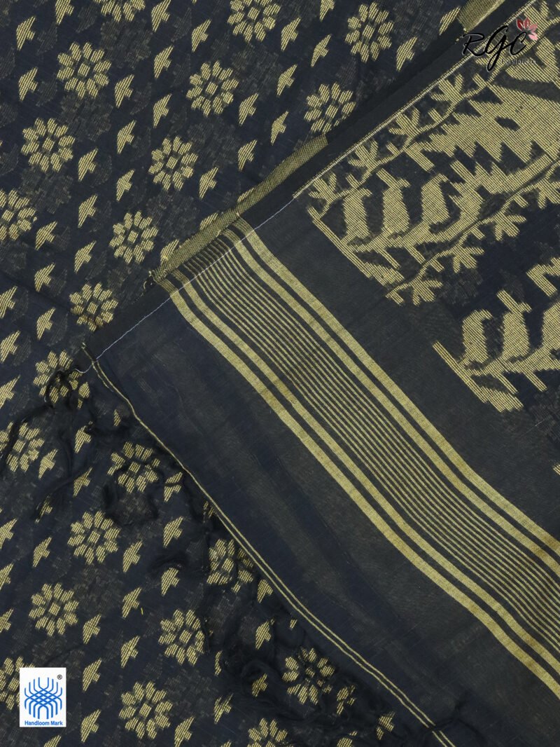 Black Cotton Allover Dhakai Jamdani Saree - Image 6
