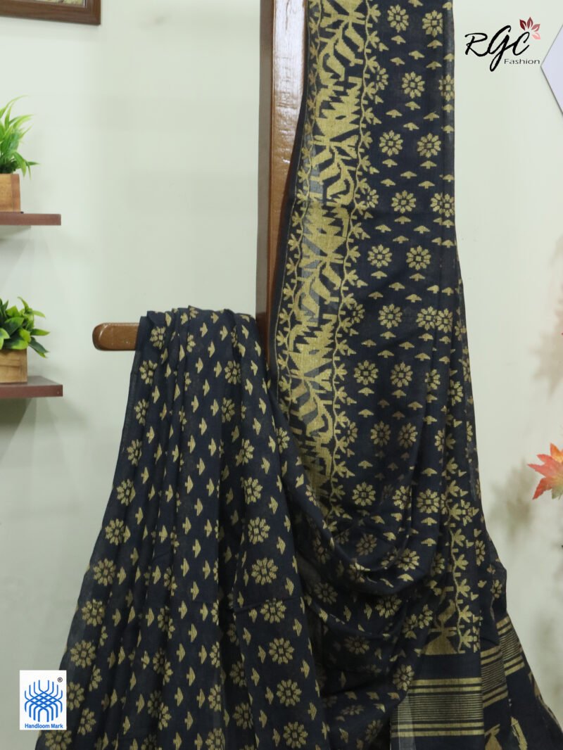 Black Cotton Allover Dhakai Jamdani Saree - Image 2
