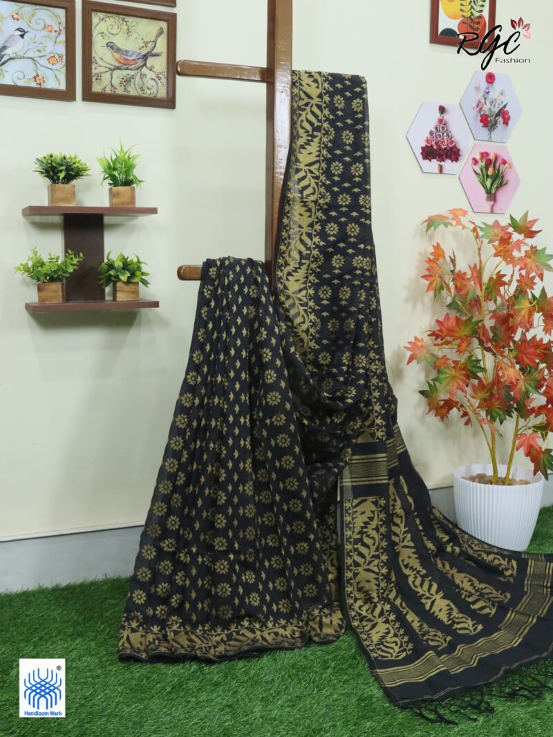 Black Cotton Allover Dhakai Jamdani Saree - Image 3