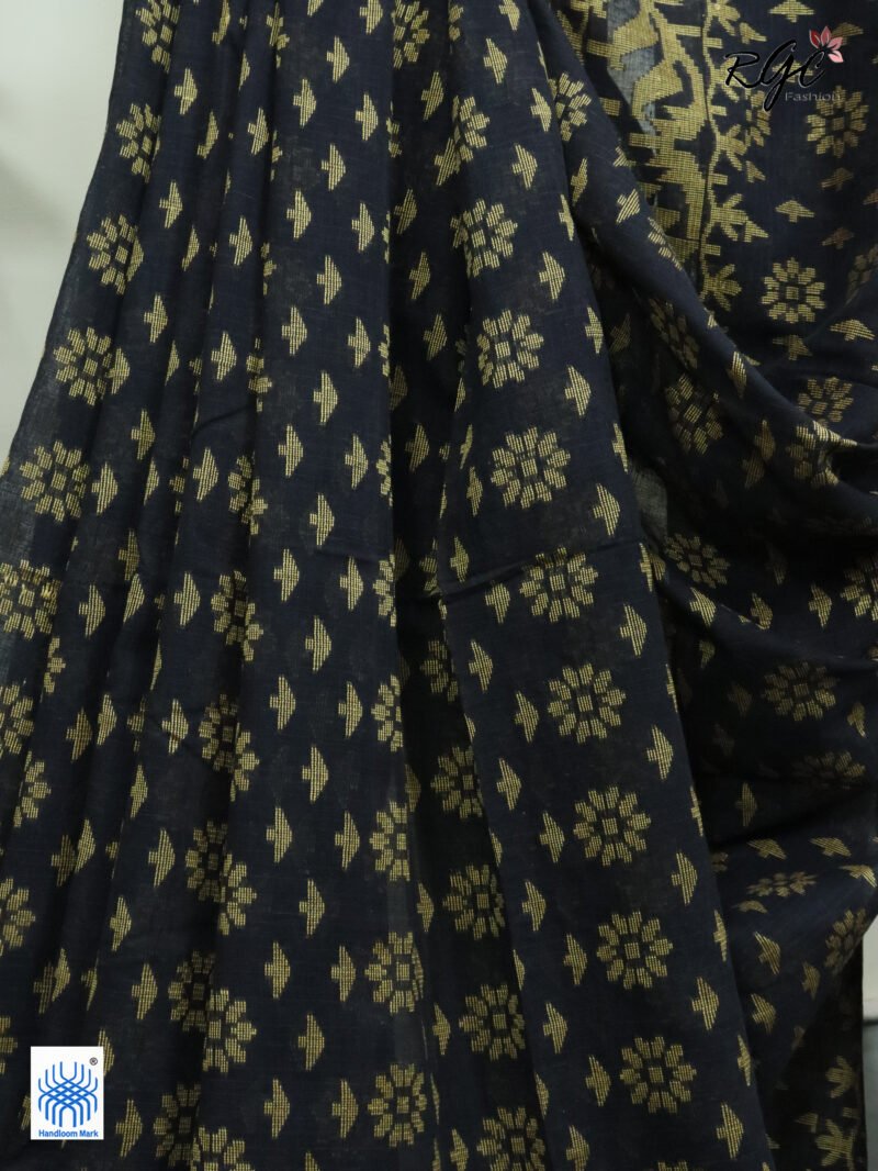 Black Cotton Allover Dhakai Jamdani Saree - Image 9