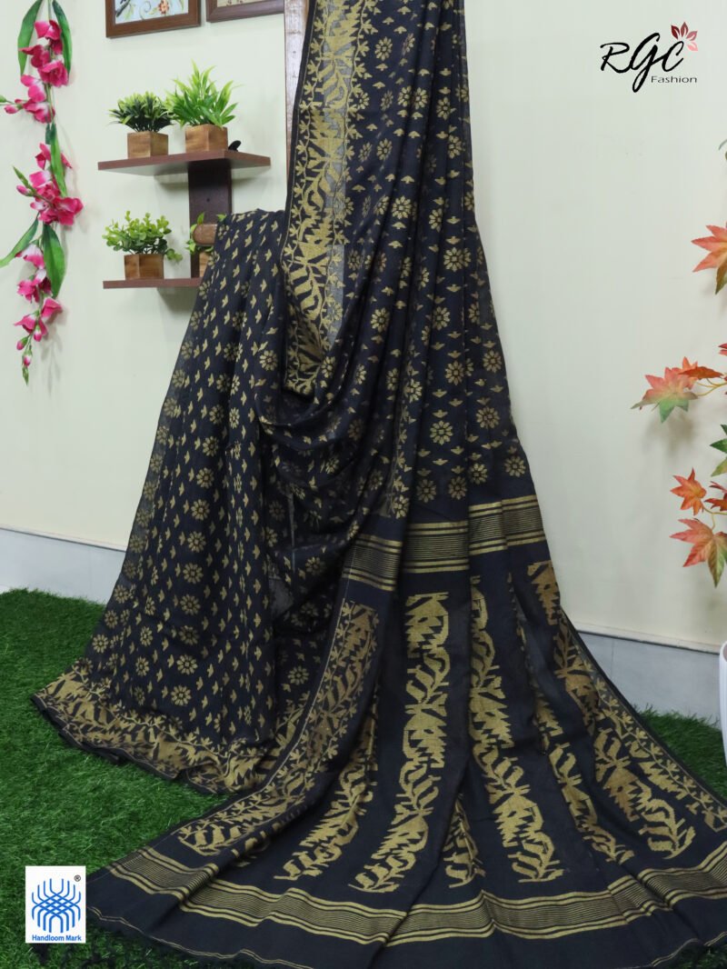 Black Cotton Allover Dhakai Jamdani Saree - Image 10