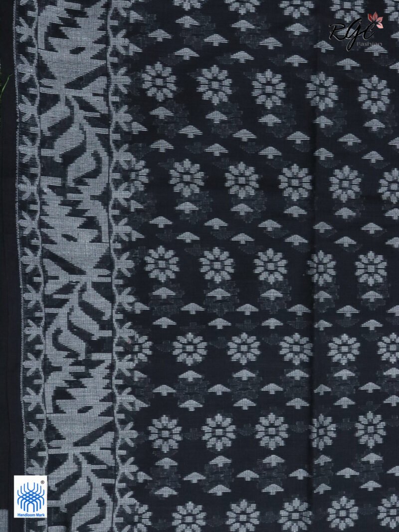 Black Cotton Allover Dhakai Jamdani Saree - Image 6