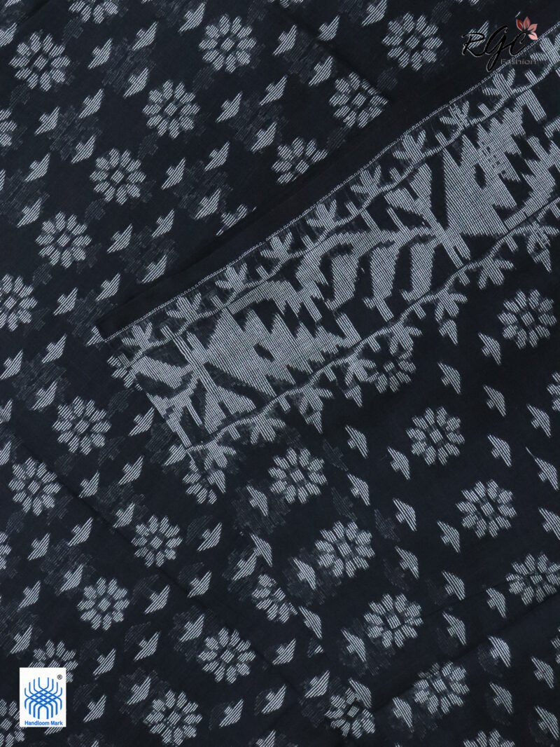 Black Cotton Allover Dhakai Jamdani Saree - Image 7