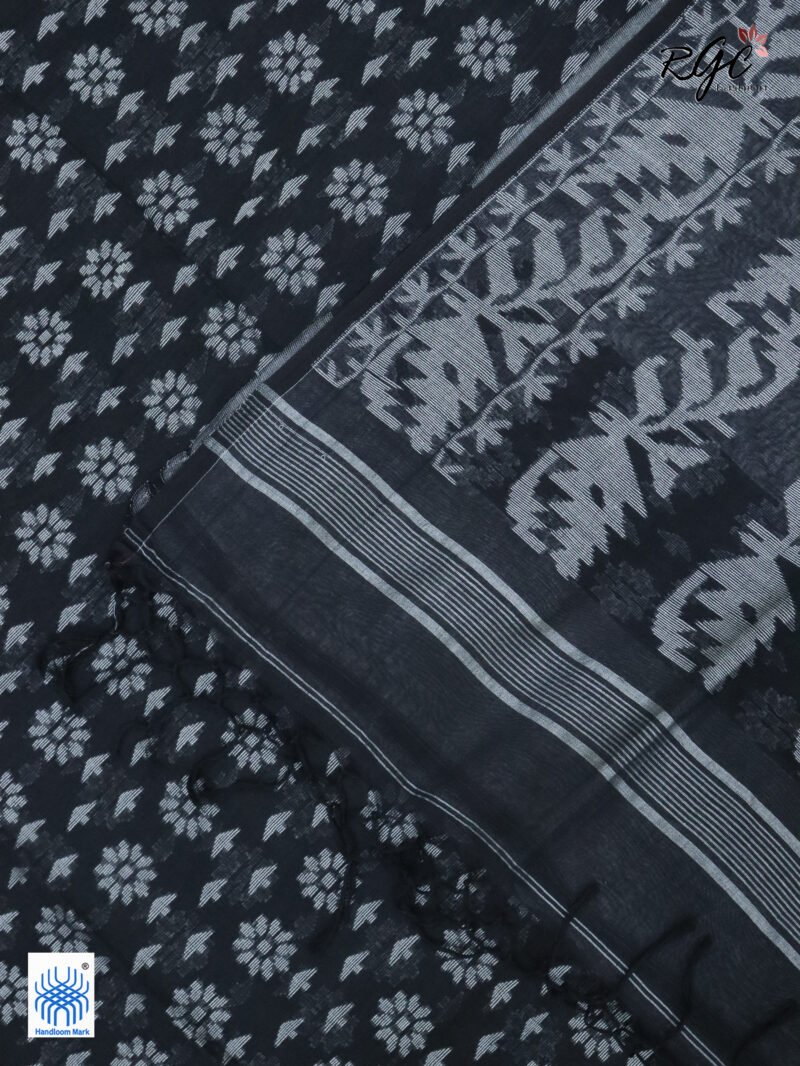 Black Cotton Allover Dhakai Jamdani Saree - Image 8