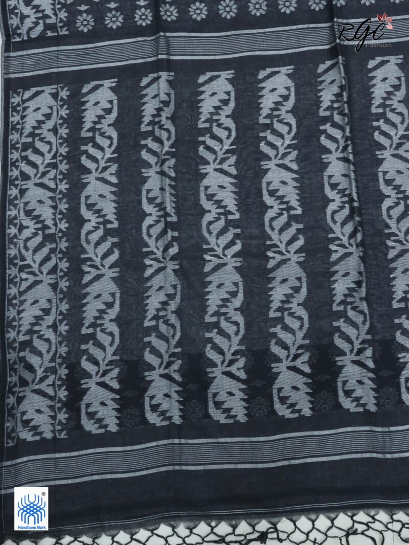 Black Cotton Allover Dhakai Jamdani Saree - Image 9