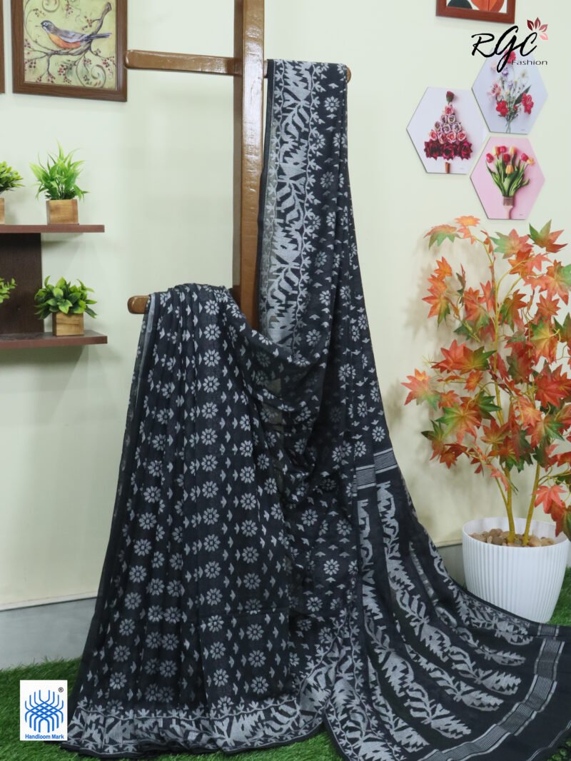 Black Cotton Allover Dhakai Jamdani Saree - Image 2