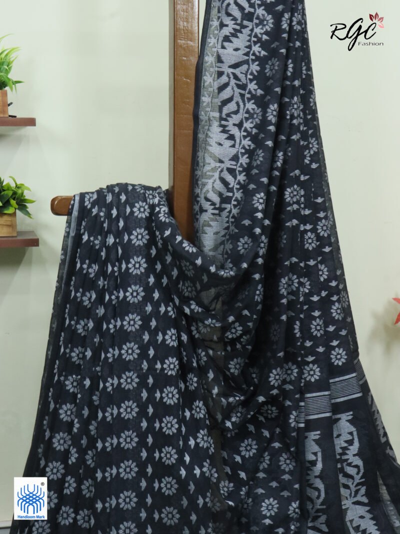 Black Cotton Allover Dhakai Jamdani Saree - Image 3