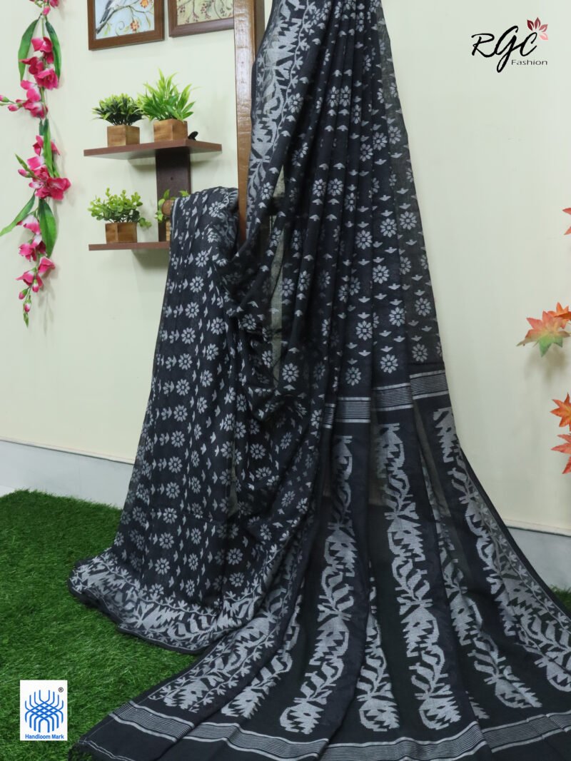 Black Cotton Allover Dhakai Jamdani Saree - Image 4