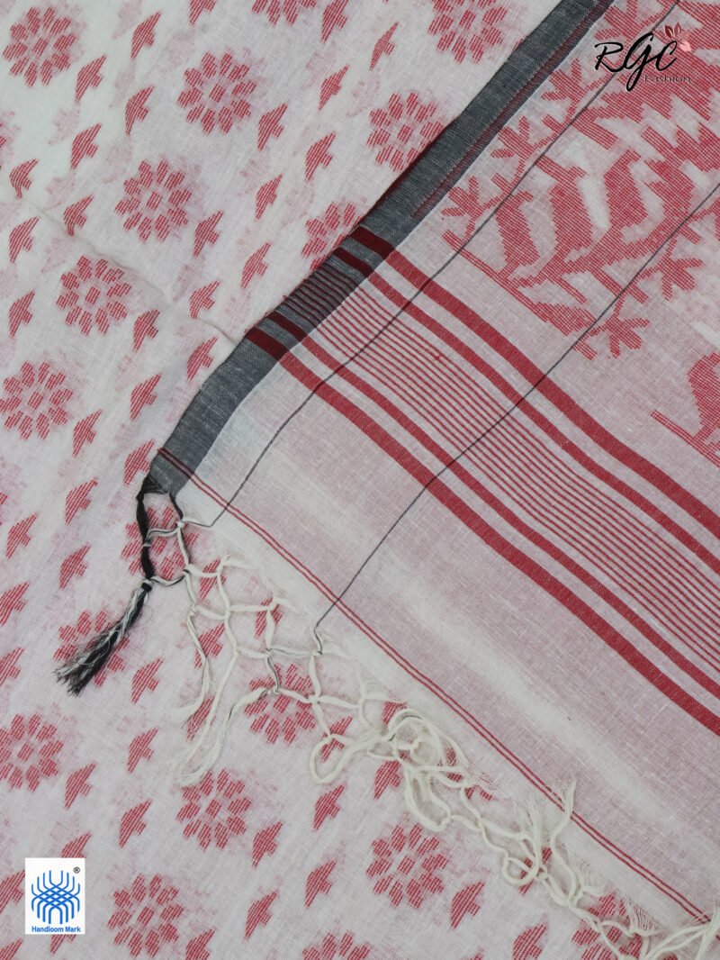 Off-Wite Cotton Allover Dhakai Jamdani Saree - Image 9