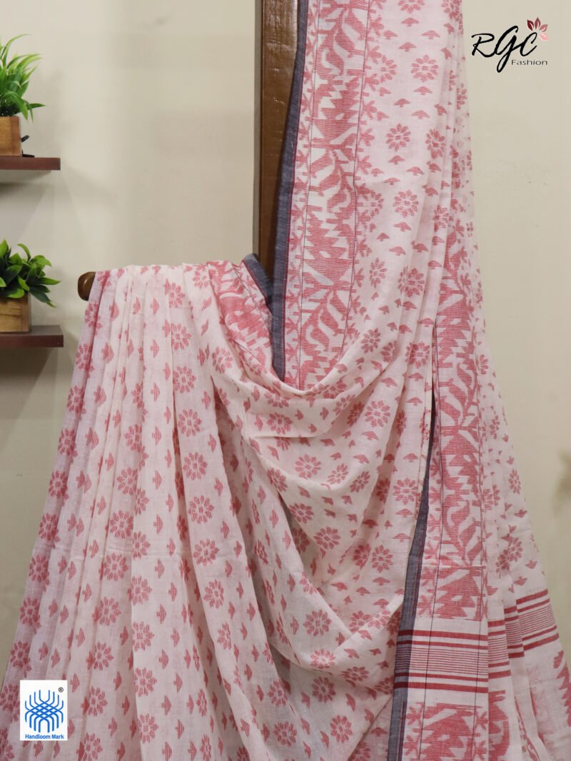 Off-Wite Cotton Allover Dhakai Jamdani Saree - Image 2