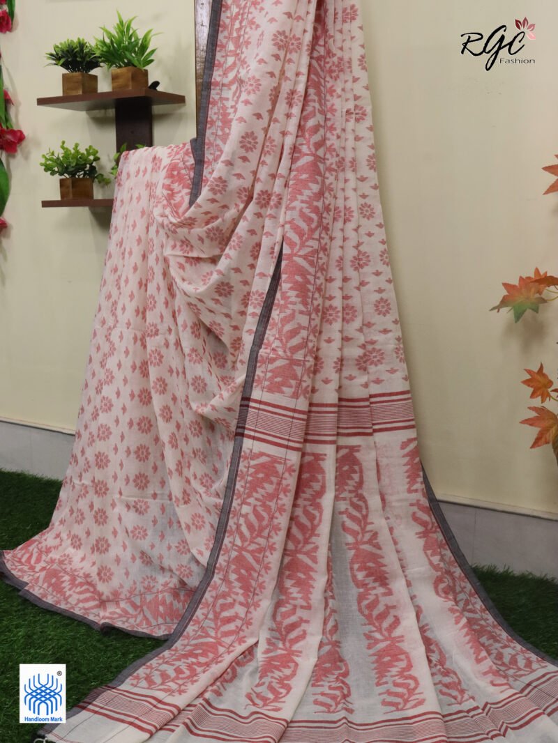 Off-Wite Cotton Allover Dhakai Jamdani Saree - Image 4