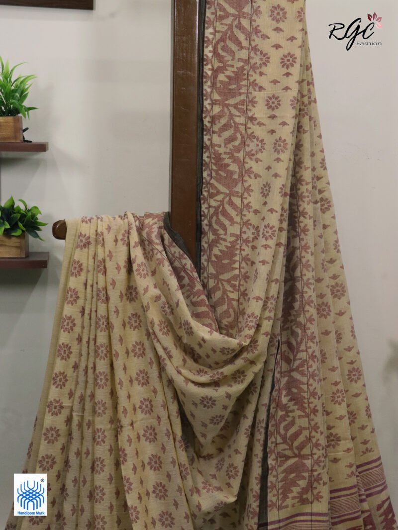 Light Biscute Cotton Allover Dhakai Jamdani Saree - Image 3