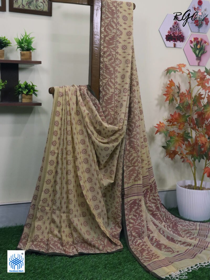 Light Biscute Cotton Allover Dhakai Jamdani Saree - Image 2