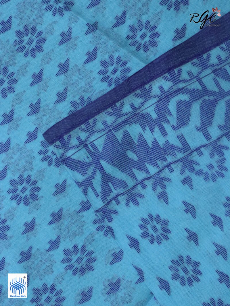 Sky Blue Cotton Allover Dhakai Jamdani Saree - Image 7
