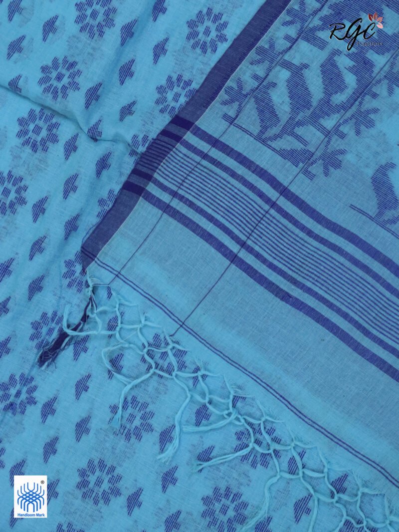 Sky Blue Cotton Allover Dhakai Jamdani Saree - Image 8
