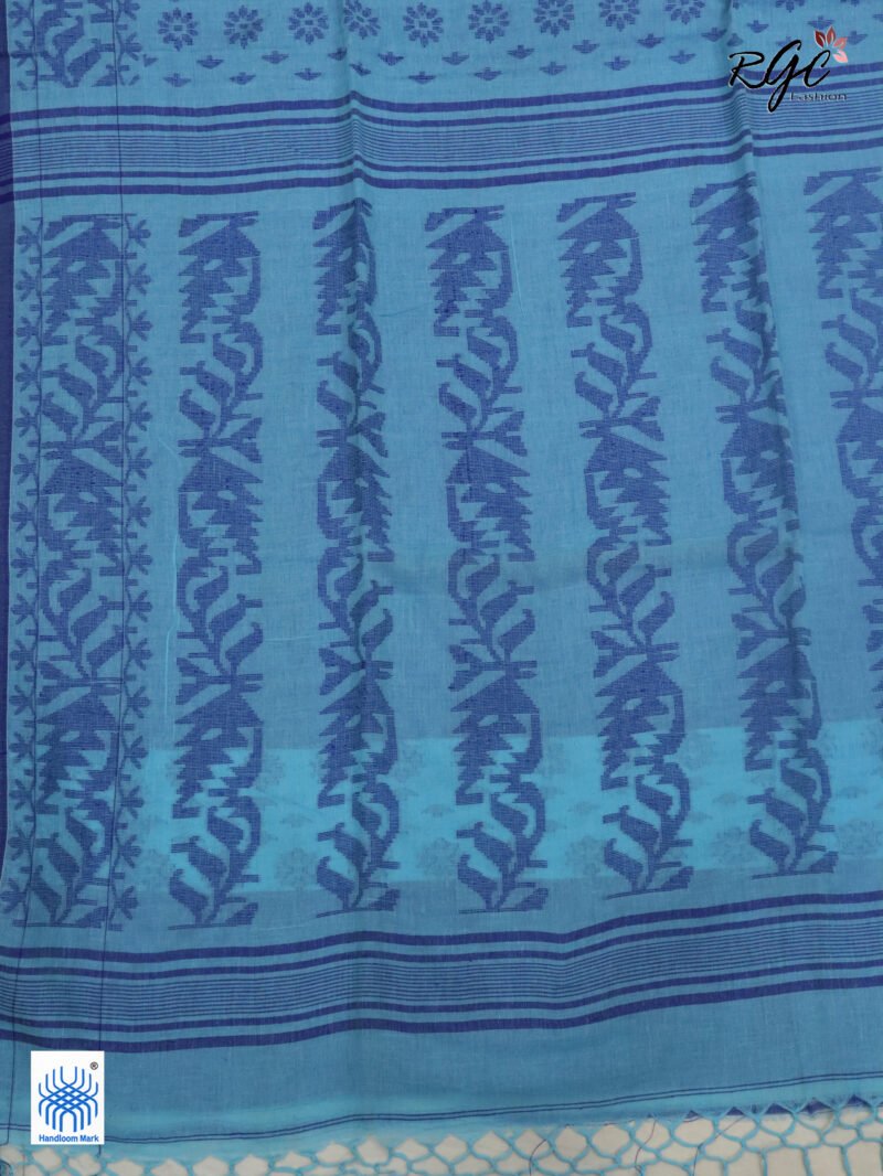 Sky Blue Cotton Allover Dhakai Jamdani Saree - Image 9