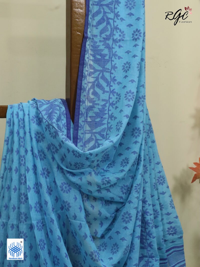Sky Blue Cotton Allover Dhakai Jamdani Saree - Image 3