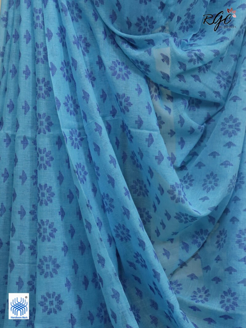 Sky Blue Cotton Allover Dhakai Jamdani Saree - Image 5
