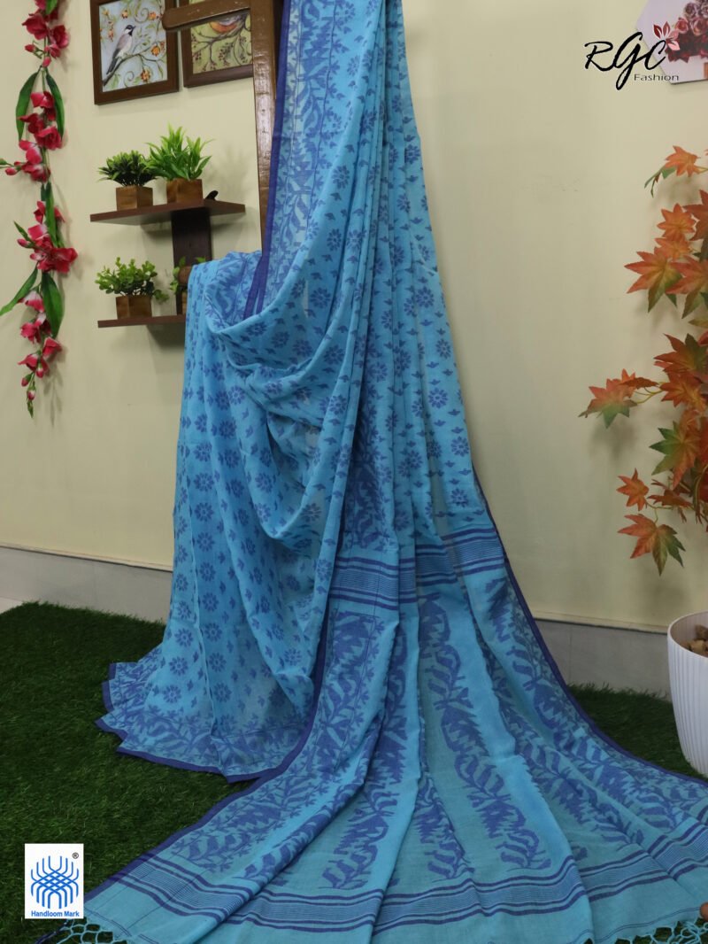 Sky Blue Cotton Allover Dhakai Jamdani Saree - Image 4