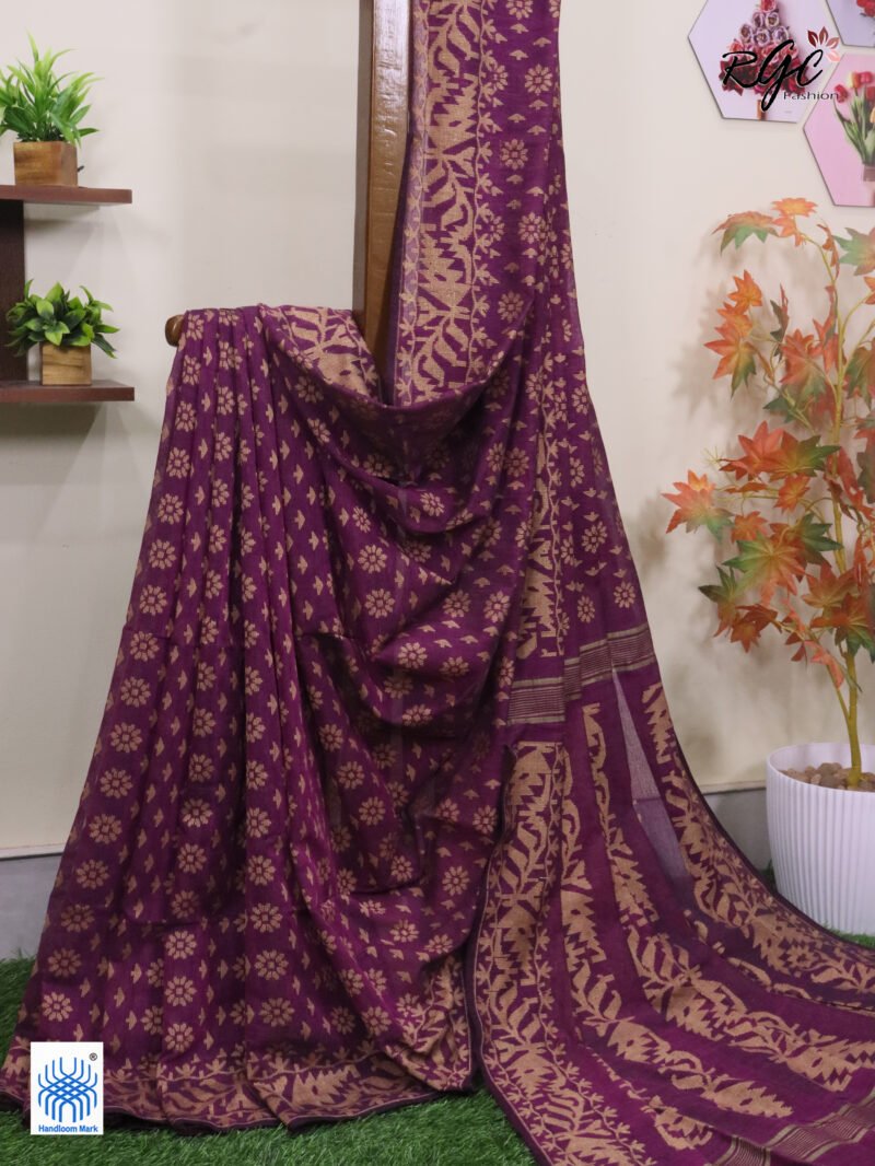 Purple Cotton Allover Dhakai Jamdani Saree - Image 2