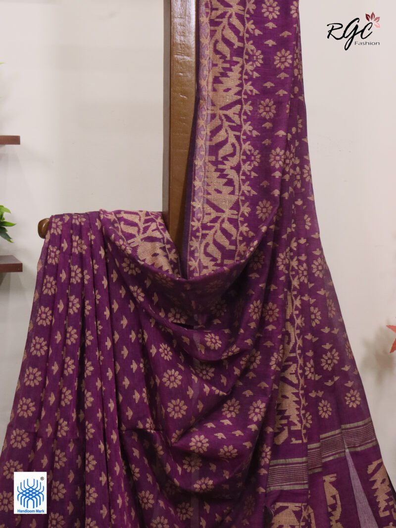 Purple Cotton Allover Dhakai Jamdani Saree - Image 3