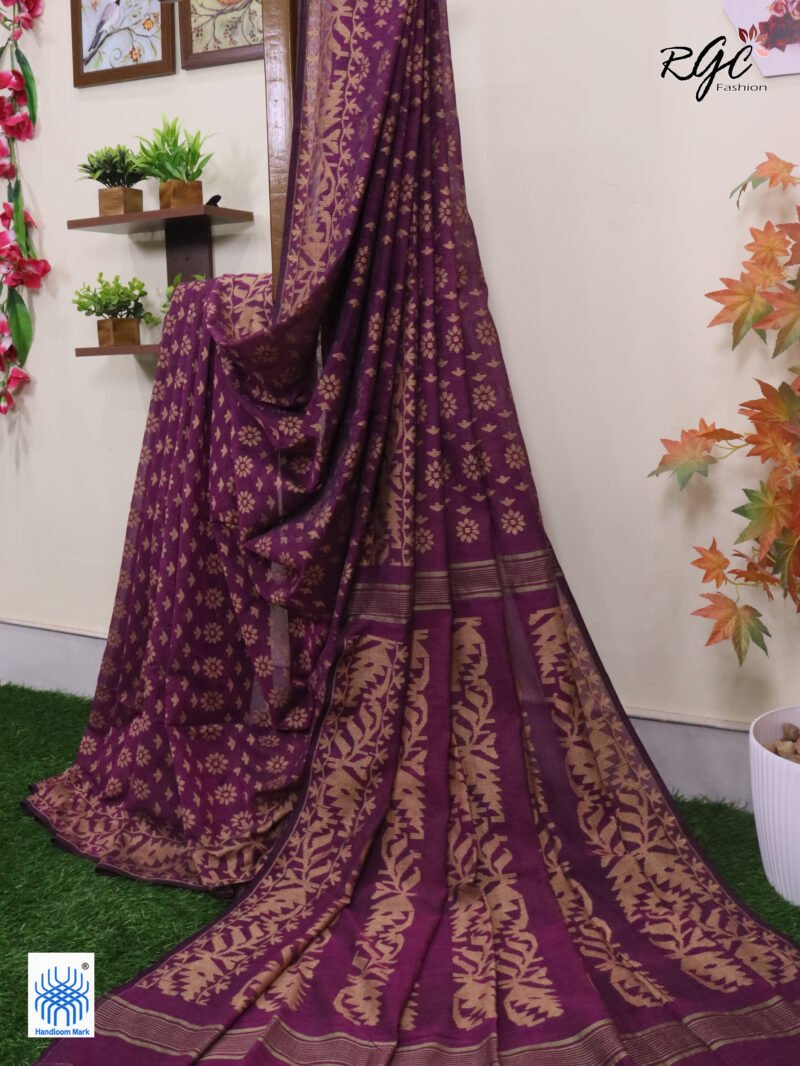 Purple Cotton Allover Dhakai Jamdani Saree - Image 5