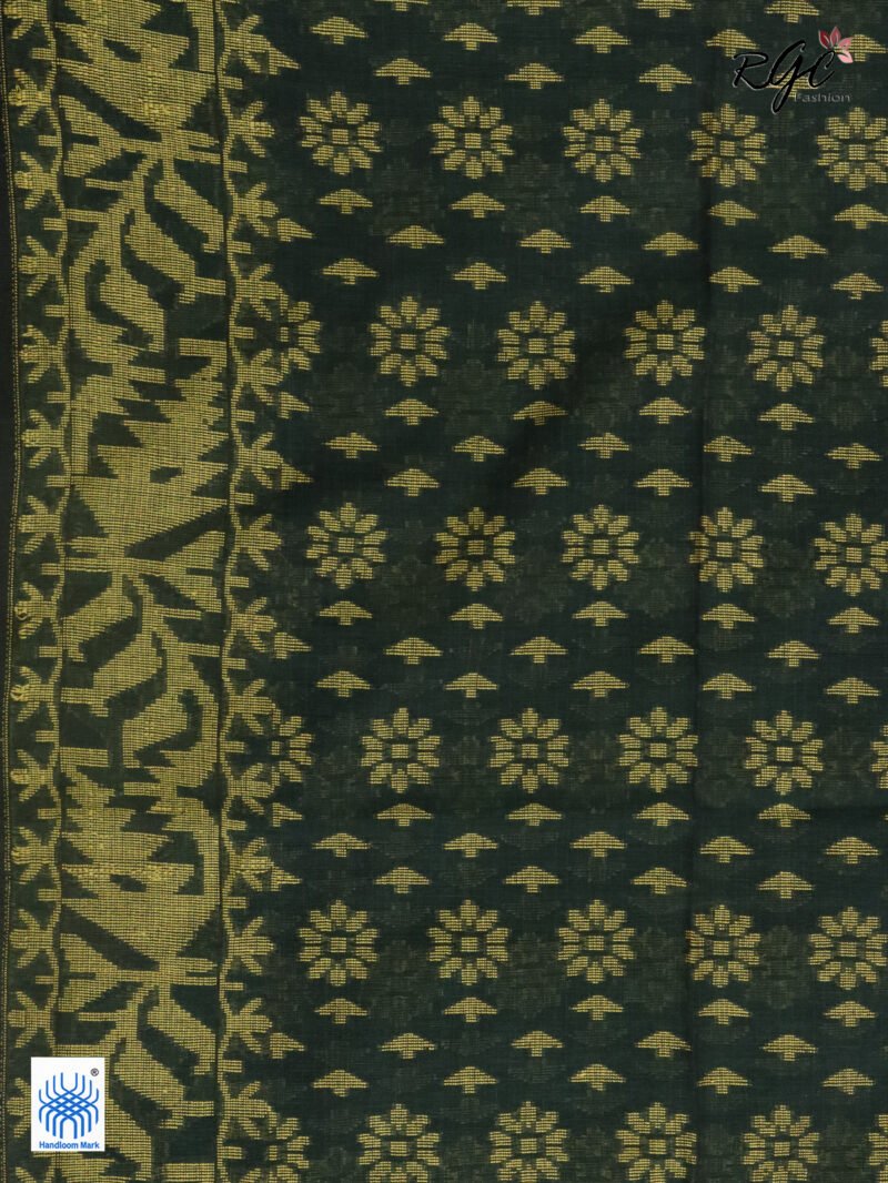 Bottle Green Cotton Allover Dhakai Jamdani Saree - Image 8