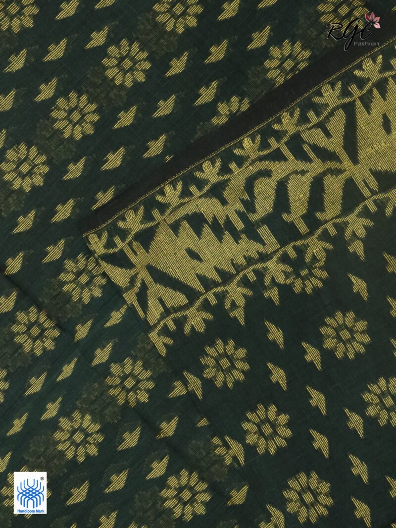 Bottle Green Cotton Allover Dhakai Jamdani Saree - Image 7